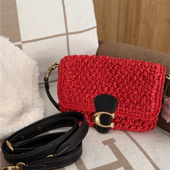 RARE NWT Coach Raffia Red Black Woven Shoulder Crossbody Bag - Picture 2 of 8